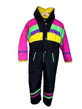 Vtg 80s 90s Neon One Piece Ski Suit Retro Onesie Snowsuit Size 14 Yth Apres Ski